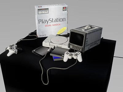 Vintage PlayStation Original Gaming Equipment with Two Controllers Yellow Disc and Silver Monitor 3d model