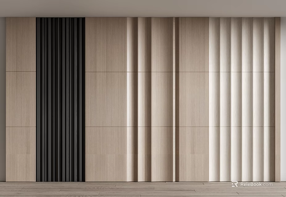 Modern Interior Wall Panels With Light Wood And Dark Black Vertical Stripes Design Decor 3d model 