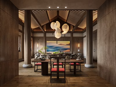 Elegant New Chinese Style Private Dining Booth With Natural Wood Structure And Soft Ambient Lighting 3d model