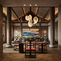 Elegant New Chinese Style Private Dining Booth With Natural Wood Structure And Soft Ambient Lighting