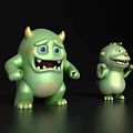 Two Green Cartoon Monsters With Different Expressions Standing On Shiny Surface 3d model