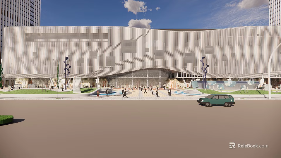 Modern Urban Building Exterior With Glass Facade Pedestrians And Green Car In Plaza 3d model 