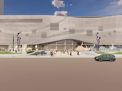 Modern Urban Building Exterior With Glass Facade Pedestrians And Green Car In Plaza 3d model