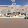 Modern Urban Building Exterior With Glass Facade Pedestrians And Green Car In Plaza