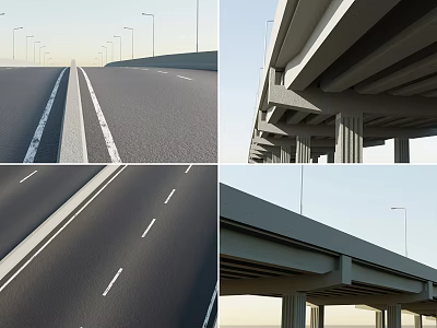 Urban Highway Bridge With Road Lanes Painted Markings Street Lamps And Concrete Piers 3d model