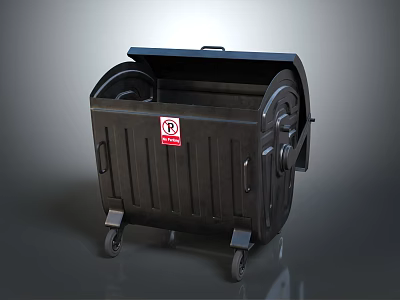 Practical Black Household Trash Can With Open Lid Wheels And Red Sign 3d model