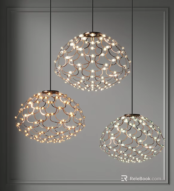 Three Modern Spherical Pendant Lights With Intricate Metal Frames And Warm Glowing Lighting 3d model 