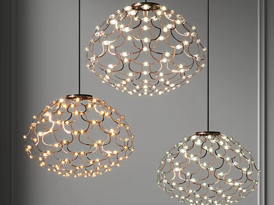 Three Modern Spherical Pendant Lights With Intricate Metal Frames And Warm Glowing Lighting 3d model