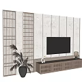 Modern Minimalist TV Background Wall Design With Lattice Panels TV Cabinet And Plant Decor