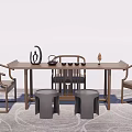 Modern Chinese Style Tea Table And Chairs With Stools Tea Set And Carpet 3d model