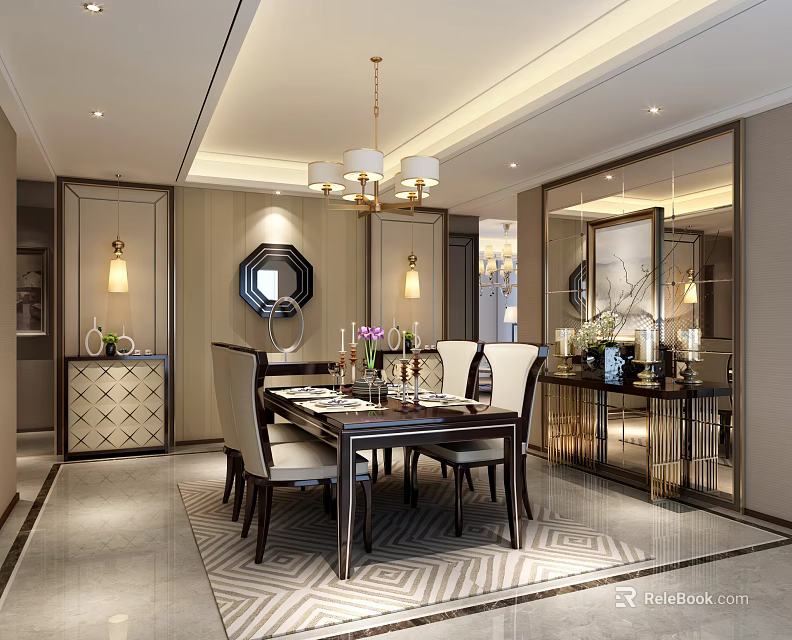 Elegant Modern Dining Room Interior With Dark Table White Chairs Chandelier And Mirror 3d model 