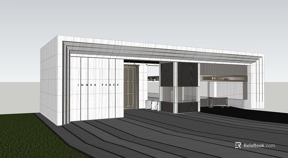 Modern Entrance Gate Design With Glass Elements And White Architectural Facade 3d model 