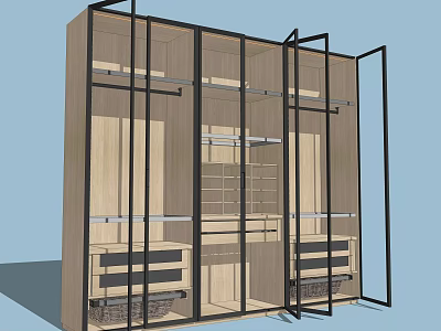 Modern Wardrobe Design With Glass Doors Metal Frame Wooden Interior Shelves And Hanging Rods 3d model