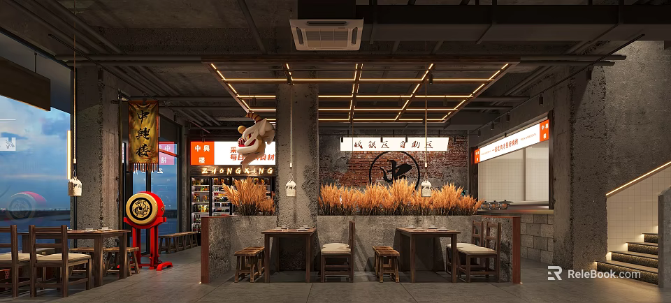Japanese Ramen Restaurant Interior With Wooden Tables and Stools Wheat Decorations Brick Wall Hanging Lanterns 3d model 