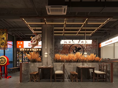 Japanese Ramen Restaurant Interior With Wooden Tables and Stools Wheat Decorations Brick Wall Hanging Lanterns 3d model