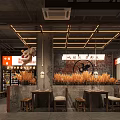 Japanese Ramen Restaurant Interior With Wooden Tables and Stools Wheat Decorations Brick Wall Hanging Lanterns