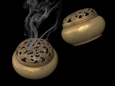 Golden Decorative Ornament Set With Intricate Carvings And Smoking Incense Burners 3d model