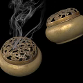 Golden Decorative Ornament Set With Intricate Carvings And Smoking Incense Burners