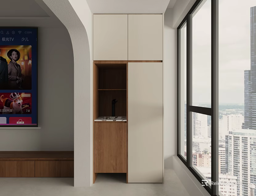 Modern Balcony Cabinet Design With White And Wood Finish Open Shelf And Window City View 3d model 