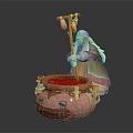 Game Movie Character White Hair Green Red Outfit Holding Gourd Staff By Pink Face Cauldron
