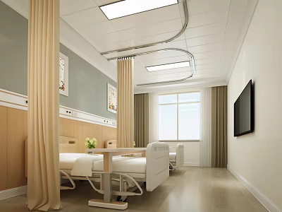 Hospital Outpatient Ward Interior With Beds Curtains And TV 3d model
