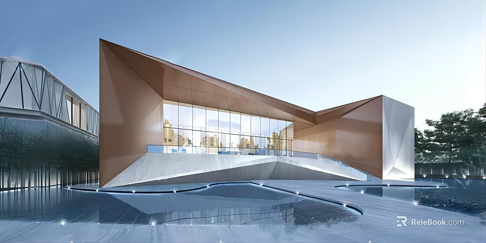 Modern Geometric Sales Office Building With Glass Curtain Wall And Water Reflection 3d model 