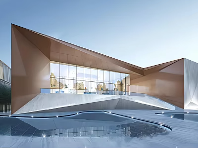 Modern Geometric Sales Office Building With Glass Curtain Wall And Water Reflection 3d model