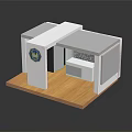 Interior Booth Scene With White Structure Wooden Floor Blue Logo Pillar And Gray Backdrop 3d model
