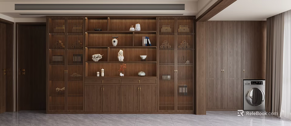 Traditional Wooden Decorative Cabinet With Glass Doors And Ornaments On Shelves 3d model 