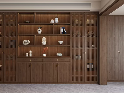 Traditional Wooden Decorative Cabinet With Glass Doors And Ornaments On Shelves 3d model