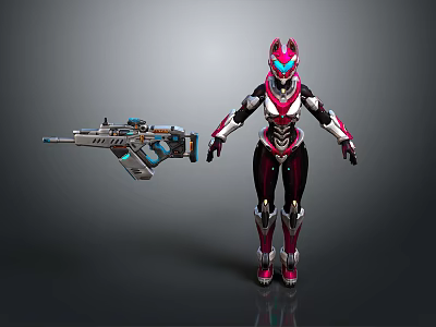 Advanced Smart Machine Humanoid In Red And Purple Armor With Blue Silver Gun 3d model