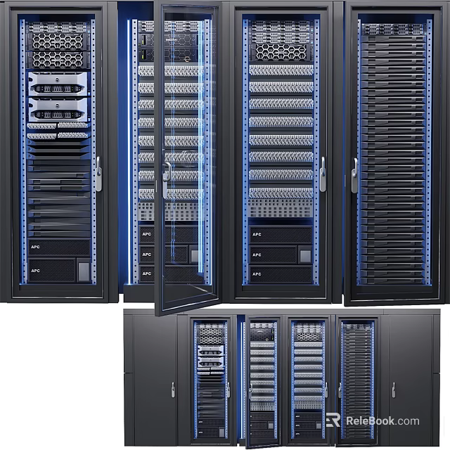 Modern Data Center Server Racks With Open Doors Internal Equipment And Network Cables 3d model 