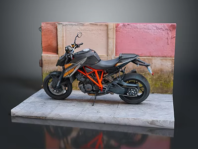 Sporty Black and Orange Motorcycle Displayed On Gray Platform With Red Pink Wall Background 3d model