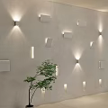 Illuminated Wall Lamps With Various Shapes On Light Colored Wall And Green Plant
