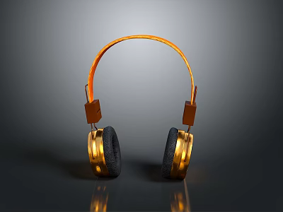Gold and Black Over Ear Computer Headphones with Orange Headband and Reflection on Gray Background 3d model