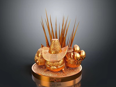 Golden Sculpture Featuring Straw Hat Top Decorative Spikes And Golden Spheres On Base 3d model