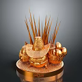 Golden Sculpture Featuring Straw Hat Top Decorative Spikes And Golden Spheres On Base
