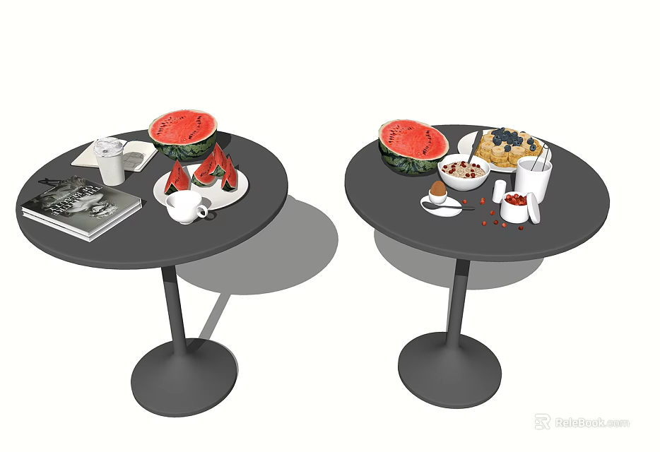 Breakfast Spread With Fresh Watermelon Fruits Oatmeal Snacks On Black Round Tables 3d model 