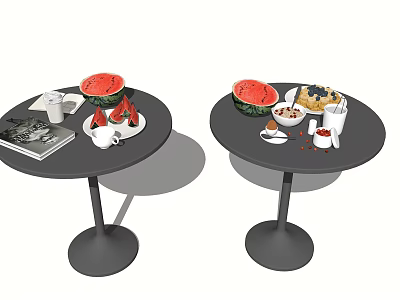 Breakfast Spread With Fresh Watermelon Fruits Oatmeal Snacks On Black Round Tables 3d model