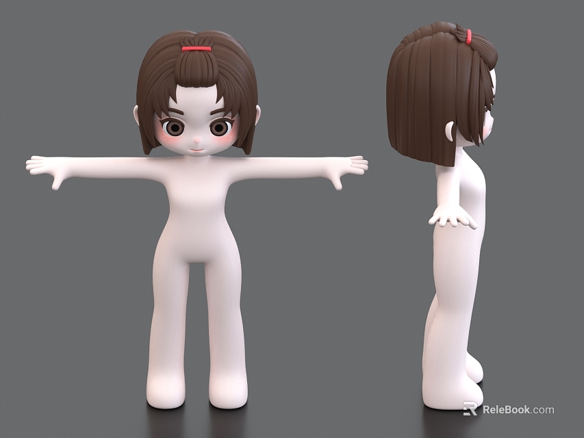 Girl 3D Model With Brown Hair Red Hairpin Open Arms Front And Back View 3d model 