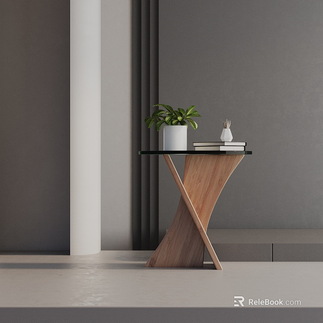 Wooden X Frame Side Table With Glass Top And Potted Plant Books Decoration 3d model 