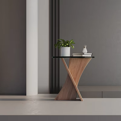 Wooden X Frame Side Table With Glass Top And Potted Plant Books Decoration 3d model