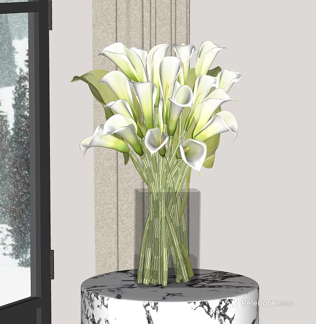 White Calla Lilies Arranged In Transparent Glass Vase On Black Table 3d model 