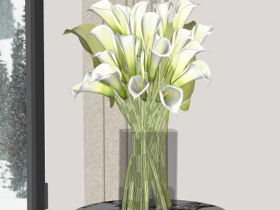 White Calla Lilies Arranged In Transparent Glass Vase On Black Table 3d model