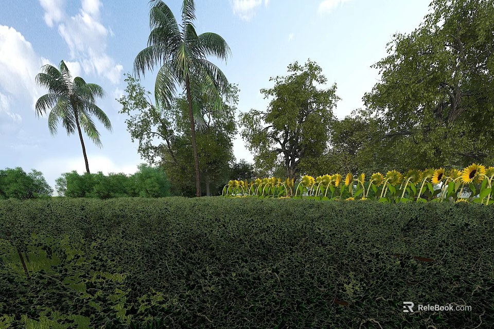 Scenic Garden Landscape With Palm Trees Sunflowers Green Shrubs Under Blue Sky And White Clouds 3d model 