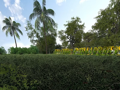 Scenic Garden Landscape With Palm Trees Sunflowers Green Shrubs Under Blue Sky And White Clouds 3d model