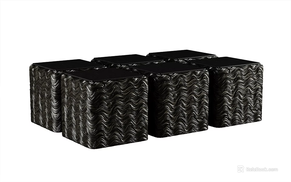 Modern Black Cube Coffee Table Set With Wavy Texture And Glossy Finish 3d model 