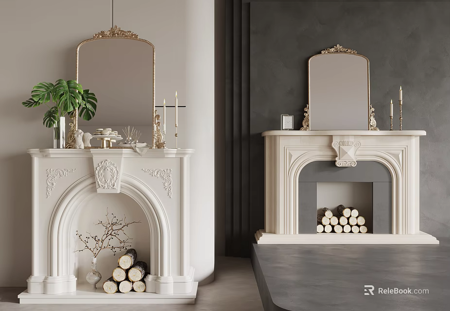 Ornate White Fireplace Interior Design With Decorative Mirrors Candles Green Plant and Wood Logs 3d model 