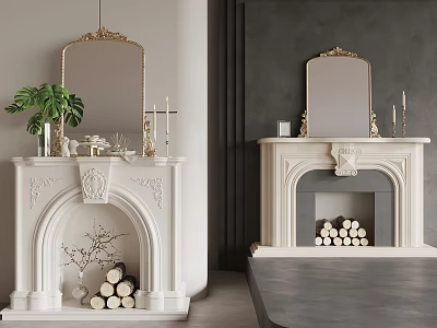 Ornate White Fireplace Interior Design With Decorative Mirrors Candles Green Plant and Wood Logs 3d model