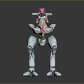 Pink Haired Character Riding On White Mech With Mechanical Legs And Armor
